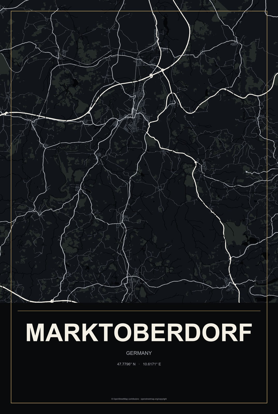 Marktoberdorf, Germany City Map Aluminum Sign in Metropolitan Noir style