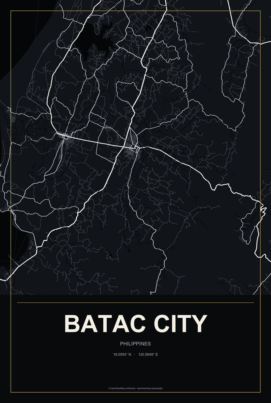 Batac City, Philippines City Map Aluminum Sign in Metropolitan Noir style