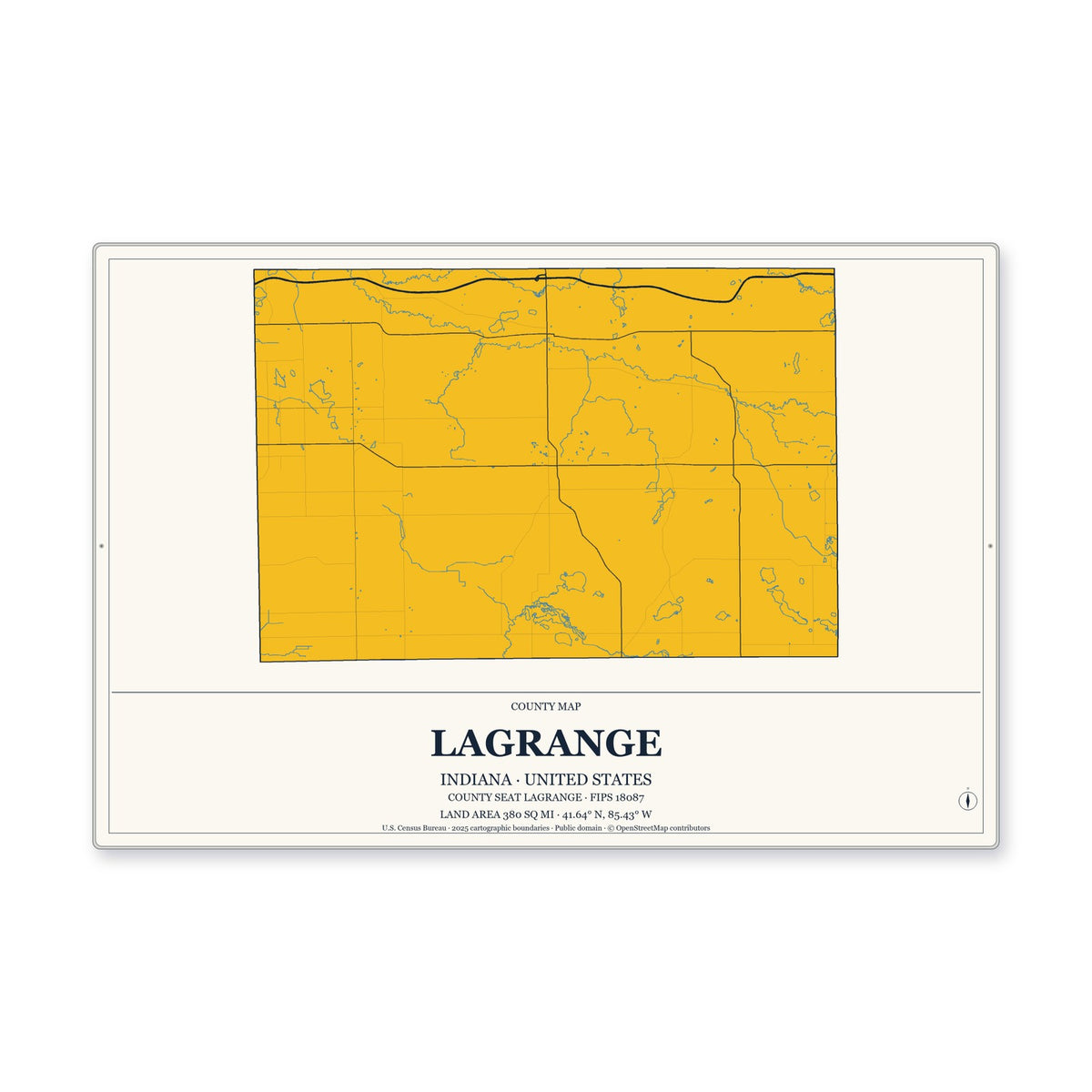LaGrange County, Indiana Map Aluminum Sign in Citrine Modern style