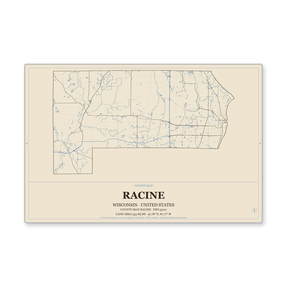 Racine County, Wisconsin Map Aluminum Sign in Heritage Nautical style