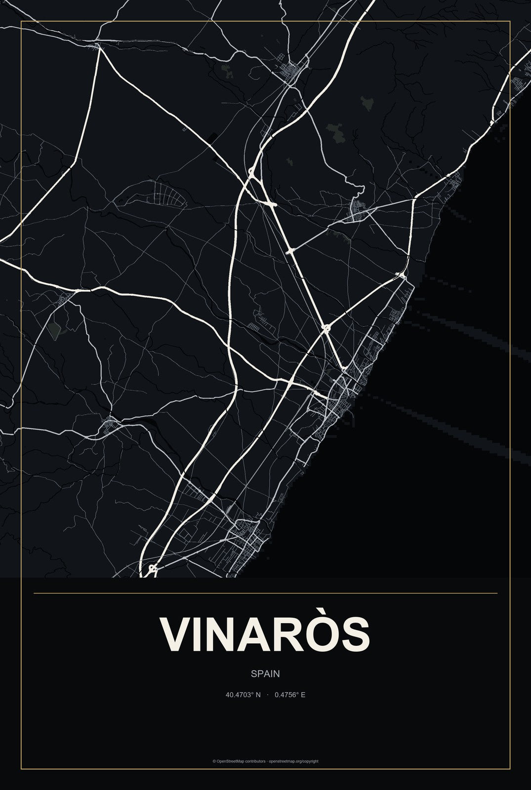 Vinaròs, Spain City Map Aluminum Sign in Metropolitan Noir style