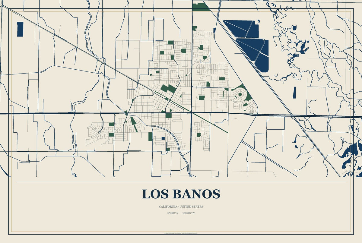 Los Banos, California City Map Aluminum Sign in Coastal Cutout style