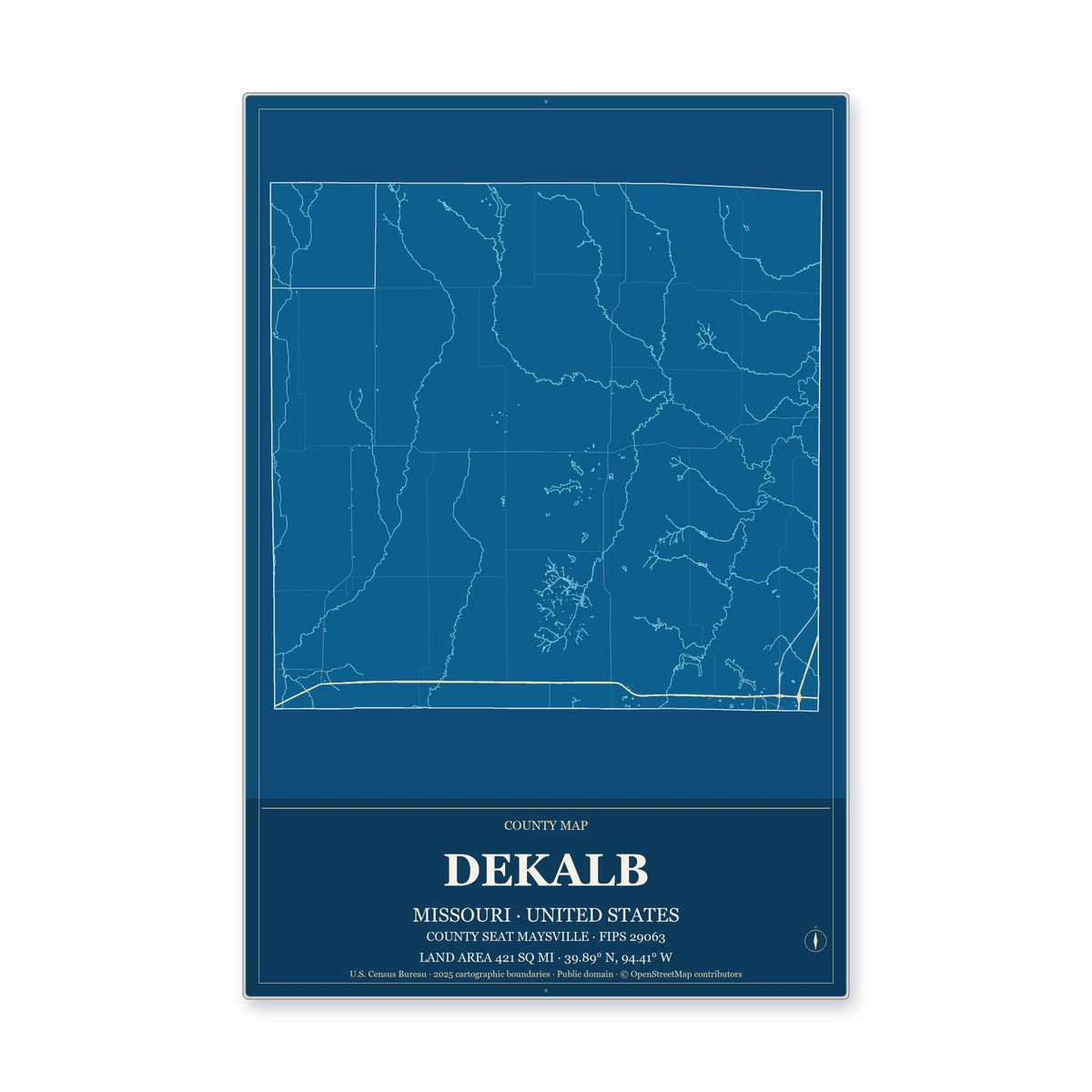 DeKalb County, Missouri Map Aluminum Sign in Harbor Cobalt style