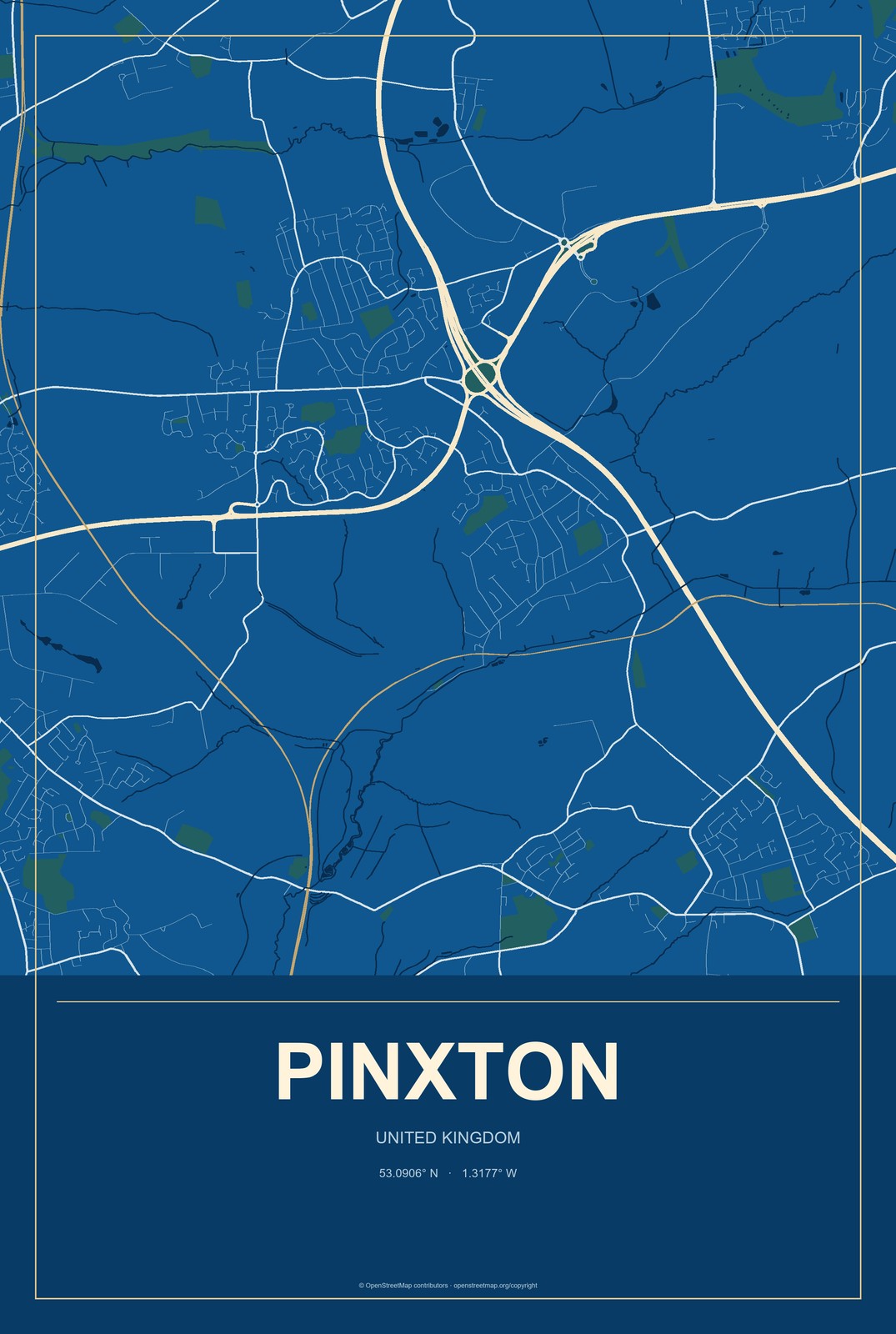 Pinxton, United Kingdom City Map Aluminum Sign in Harbor Cobalt style