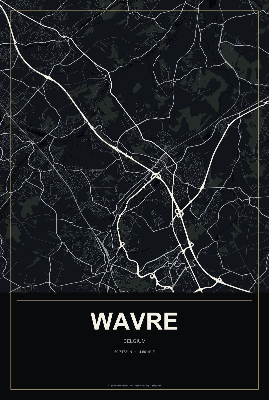 Wavre, Belgium City Map Aluminum Sign in Metropolitan Noir style
