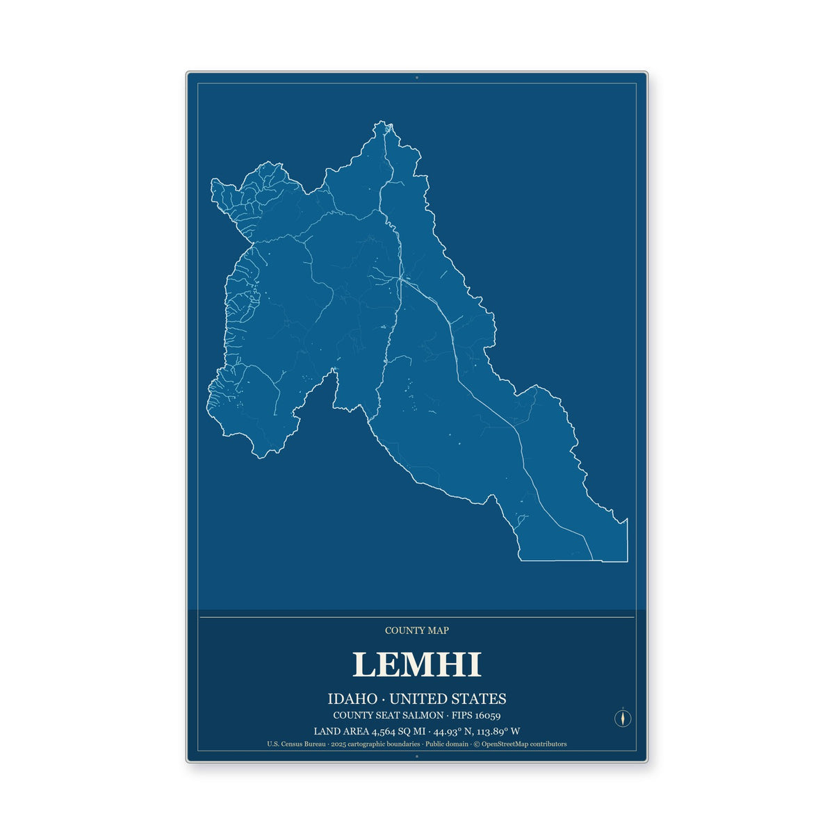 Lemhi County, Idaho Map Aluminum Sign in Harbor Cobalt style