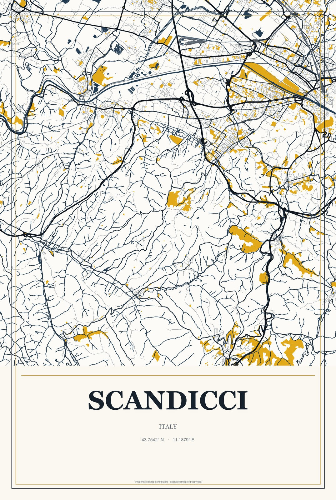 Scandicci, Italy City Map Aluminum Sign in Citrine Modern style