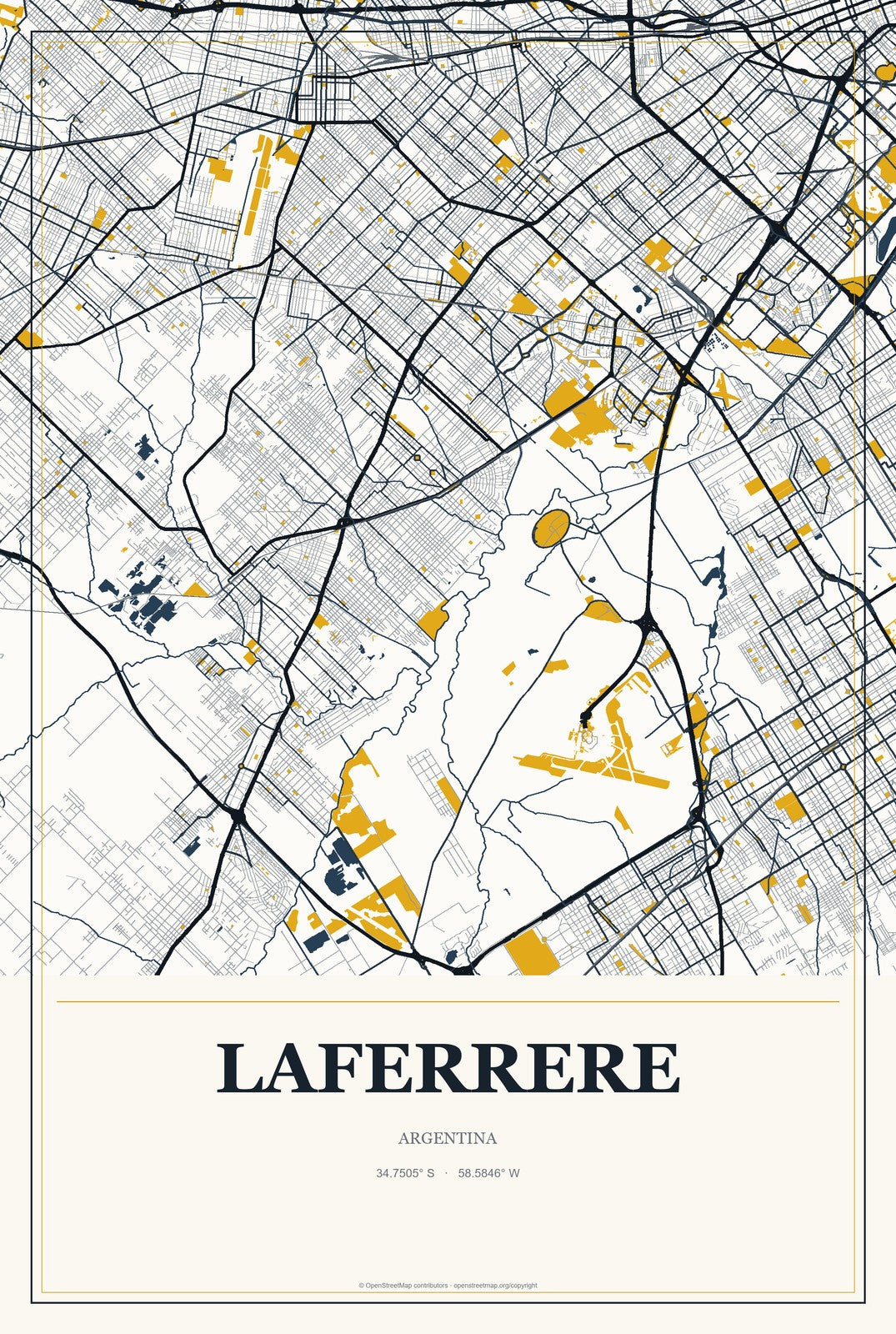 Laferrere, Argentina City Map Aluminum Sign in Citrine Modern style