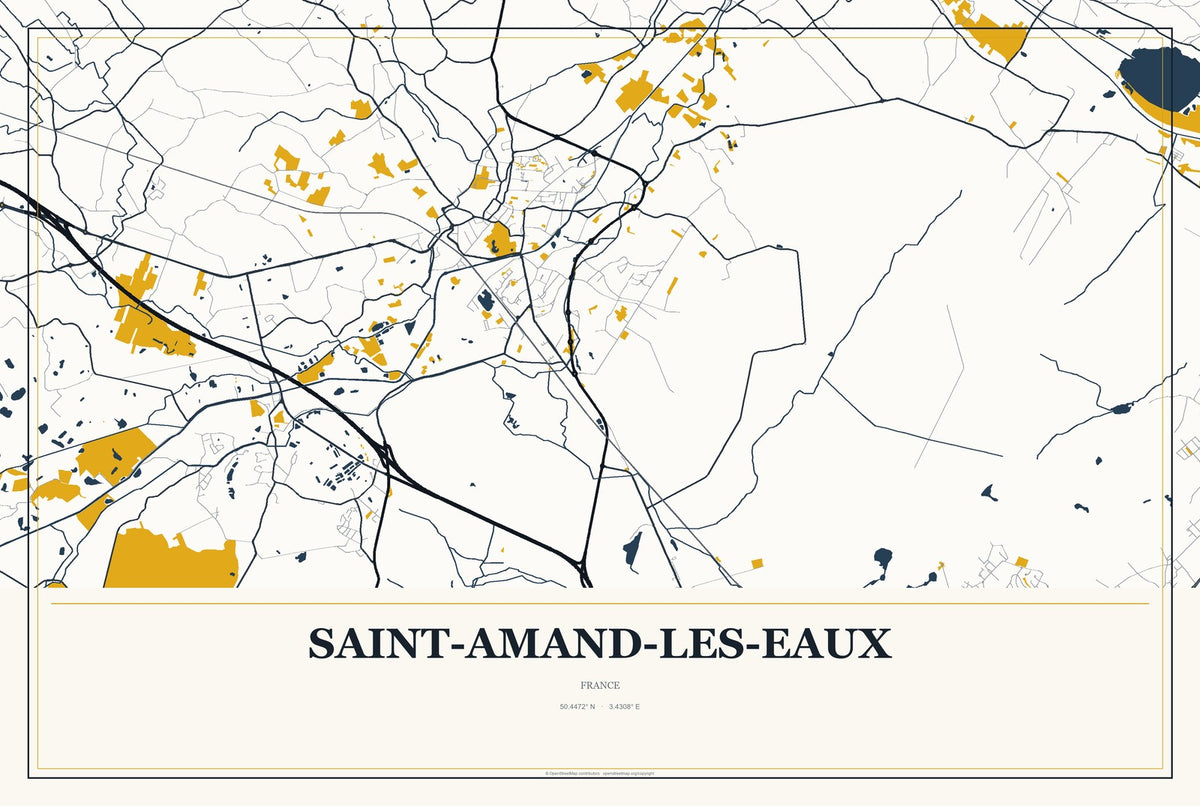 Saint-Amand-les-Eaux, France City Map Aluminum Sign in Citrine Modern style