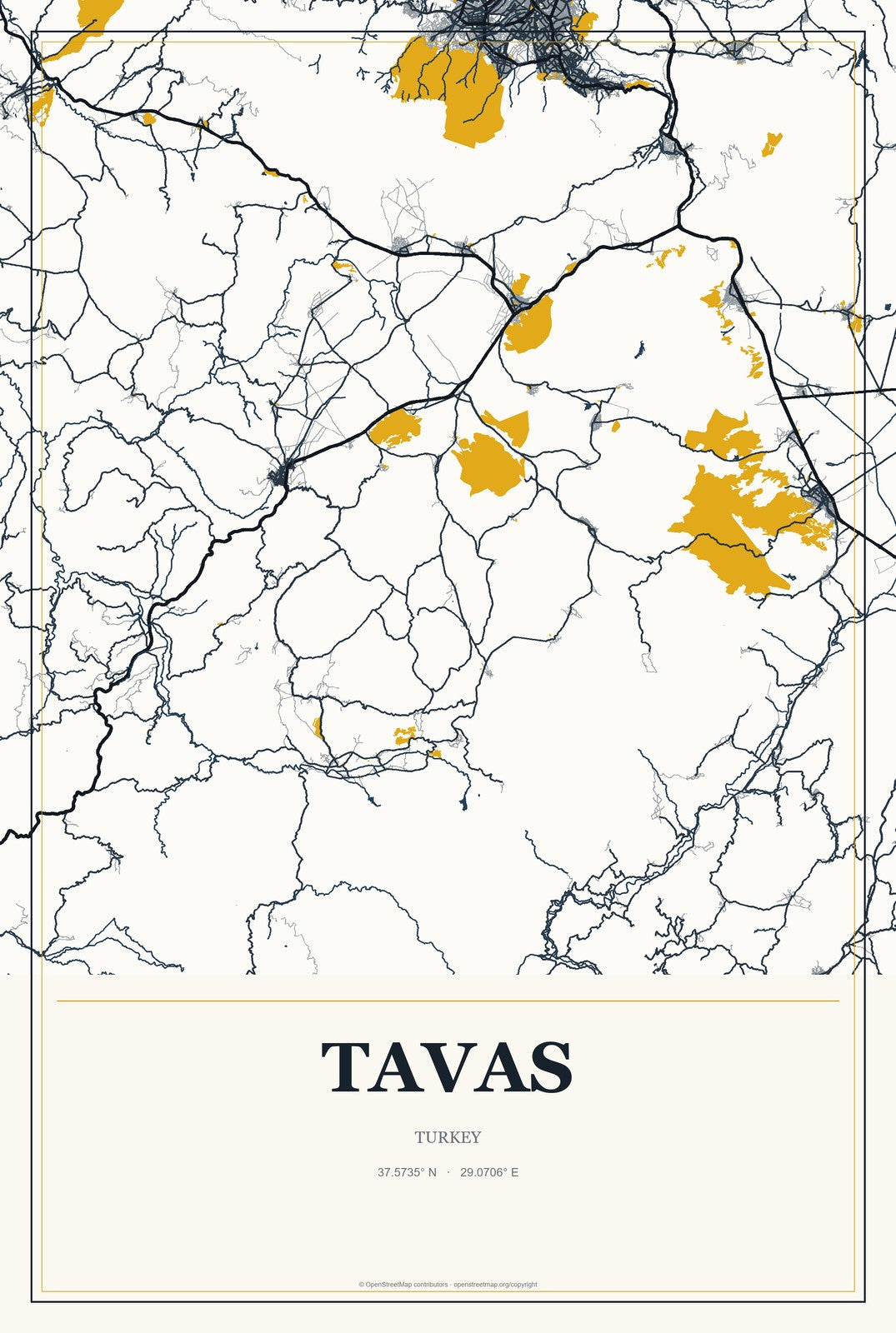 Tavas, Turkey City Map Aluminum Sign in Citrine Modern style