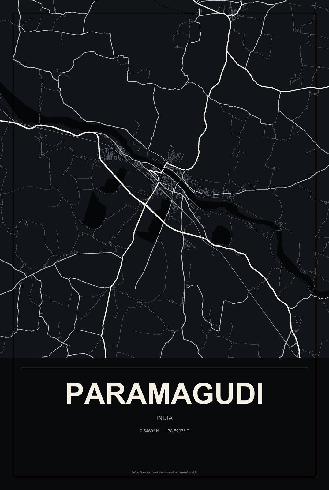 Paramagudi, India City Map Aluminum Sign in Metropolitan Noir style