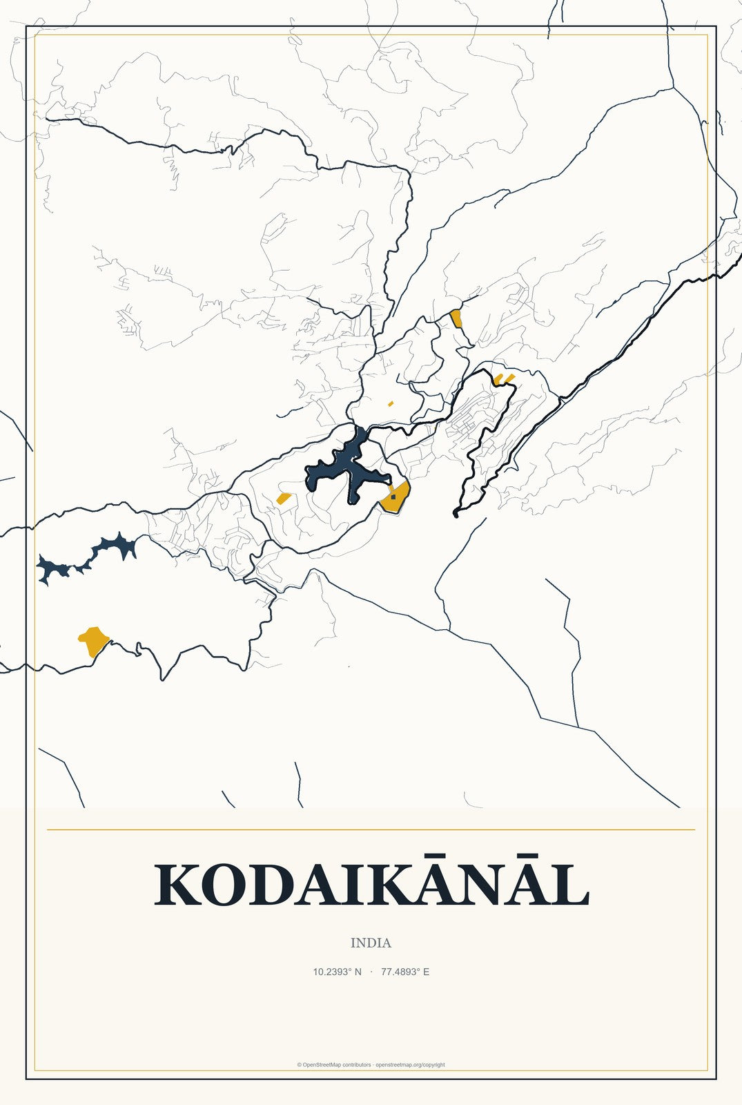 Kodaikānāl, India City Map Aluminum Sign in Citrine Modern style