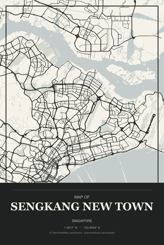 Sengkang New Town, Singapore City Map Aluminum Sign in Museum Plaque style