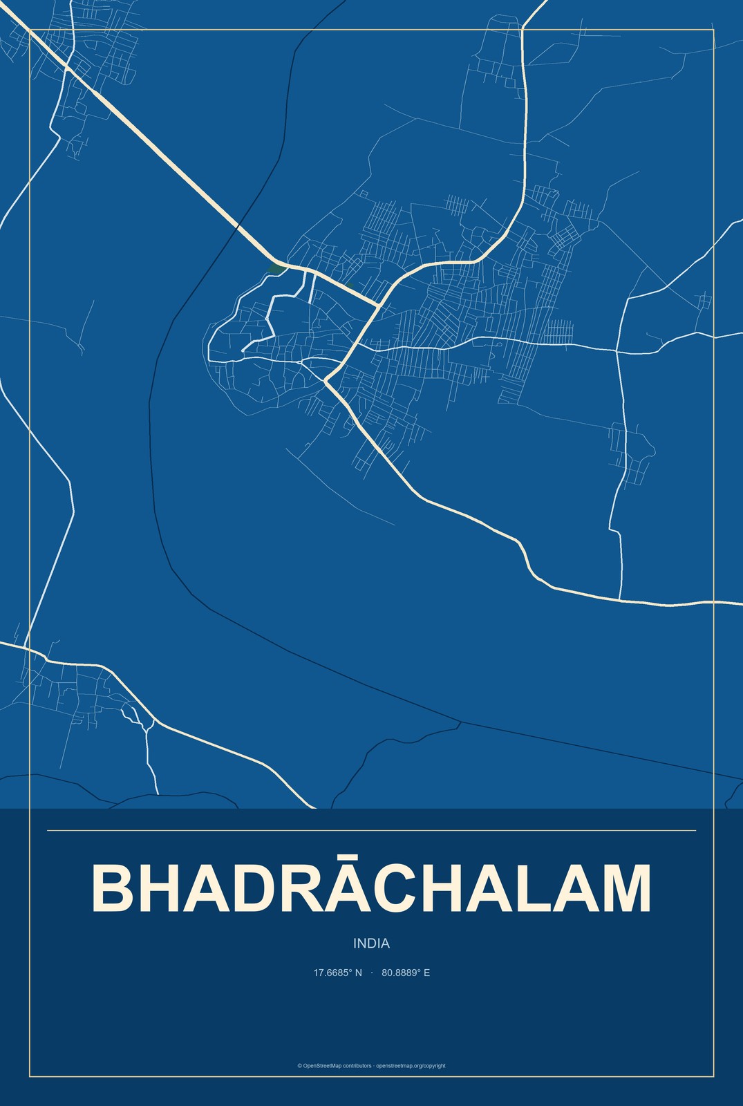 Bhadrāchalam, India City Map Aluminum Sign in Harbor Cobalt style