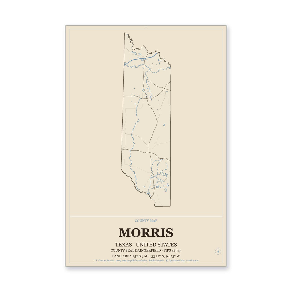 Morris County, Texas Map Aluminum Sign in Heritage Nautical style