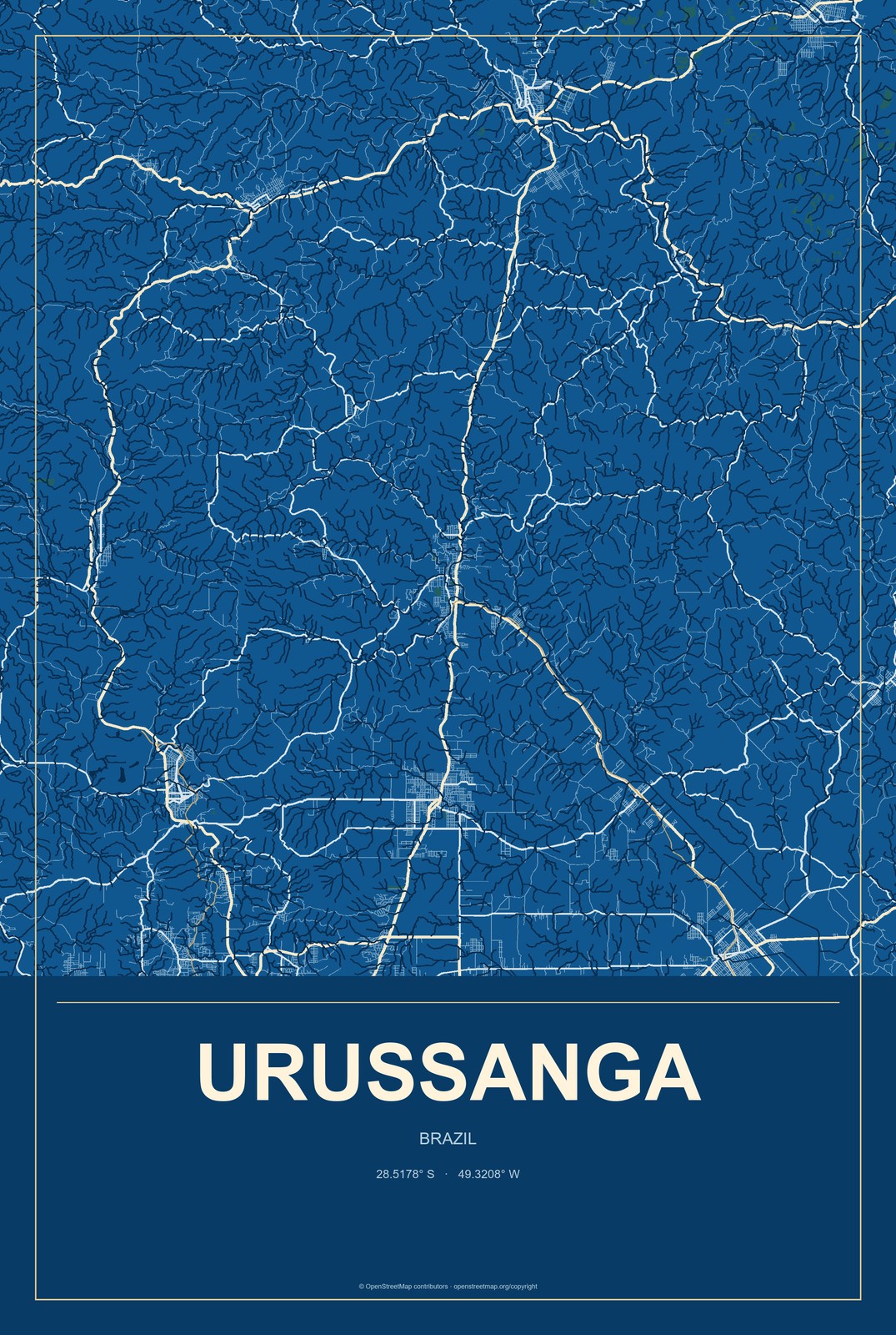 Urussanga, Brazil City Map Aluminum Sign in Harbor Cobalt style