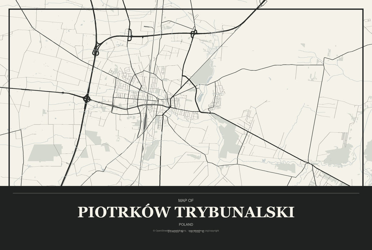Piotrków Trybunalski, Poland City Map Aluminum Sign in Museum Plaque style