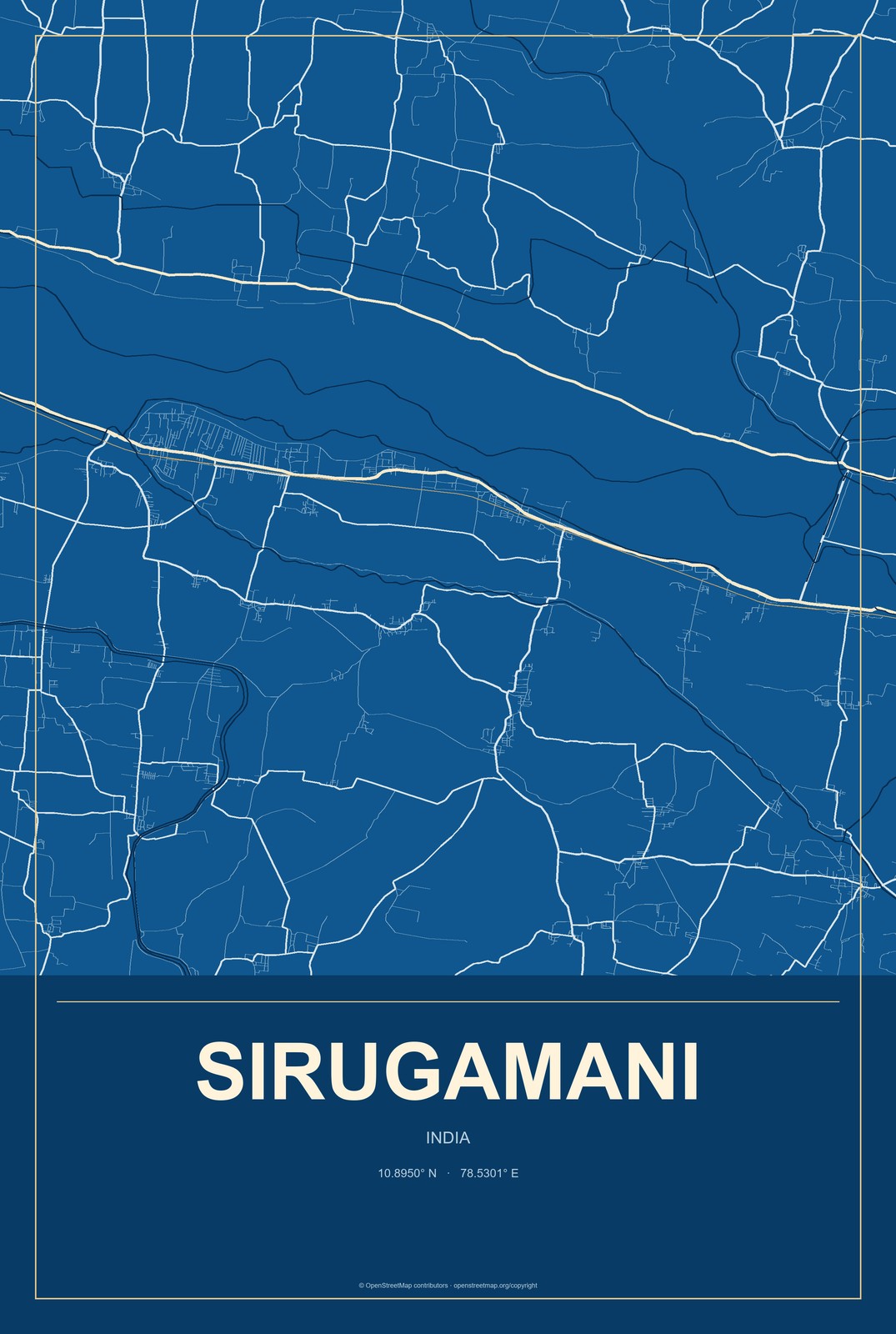 Sirugamani, India City Map Aluminum Sign in Harbor Cobalt style