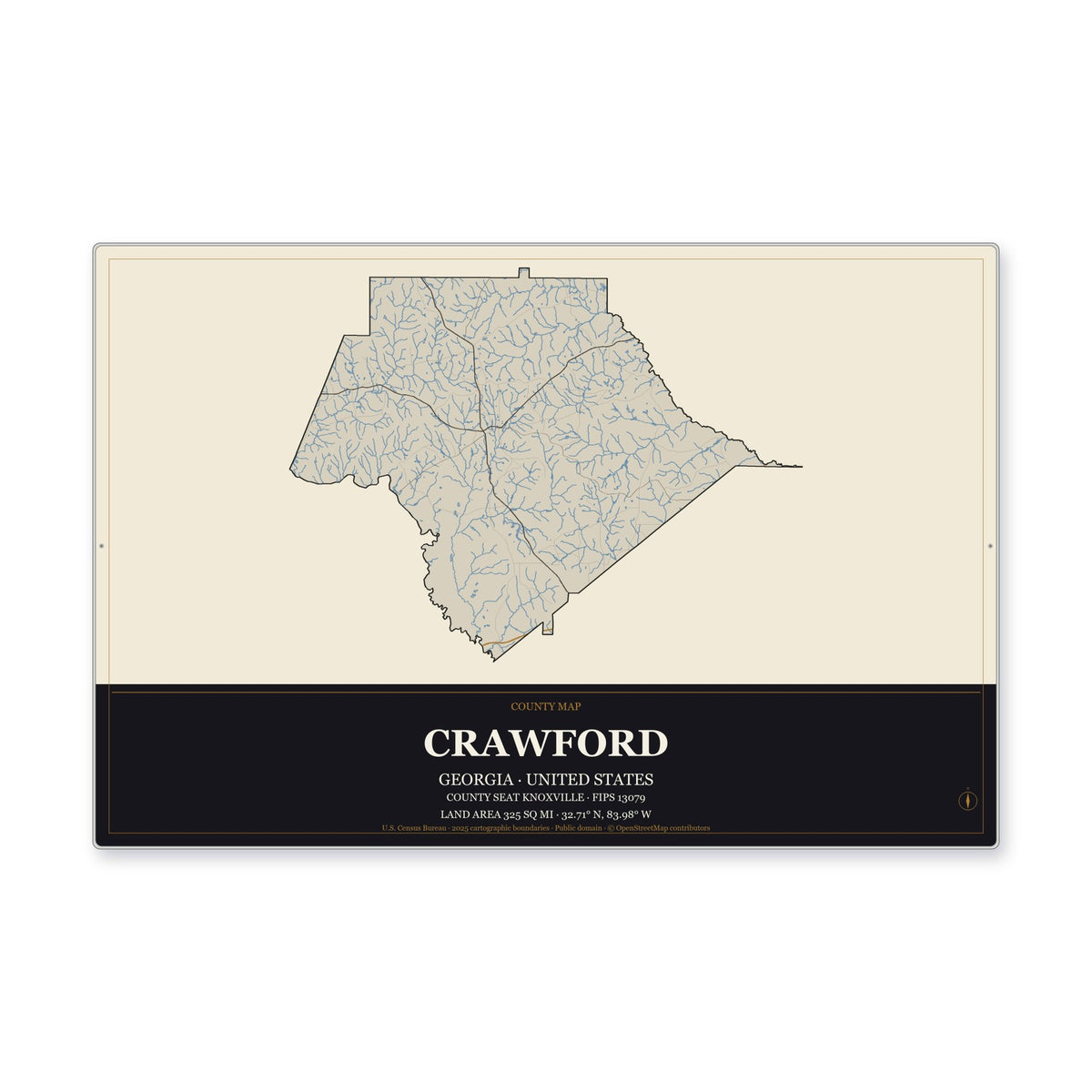 Crawford County, Georgia Map Aluminum Sign in Museum Plaque style