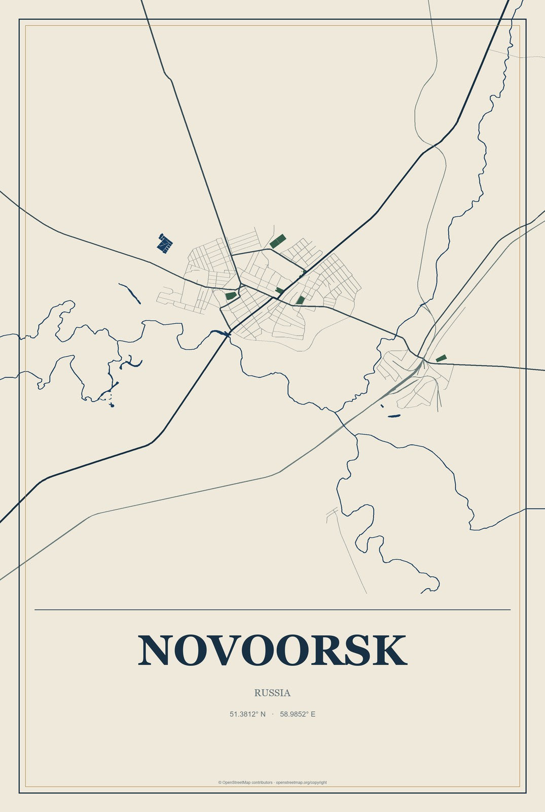 Novoorsk, Russia City Map Aluminum Sign in Coastal Cutout style