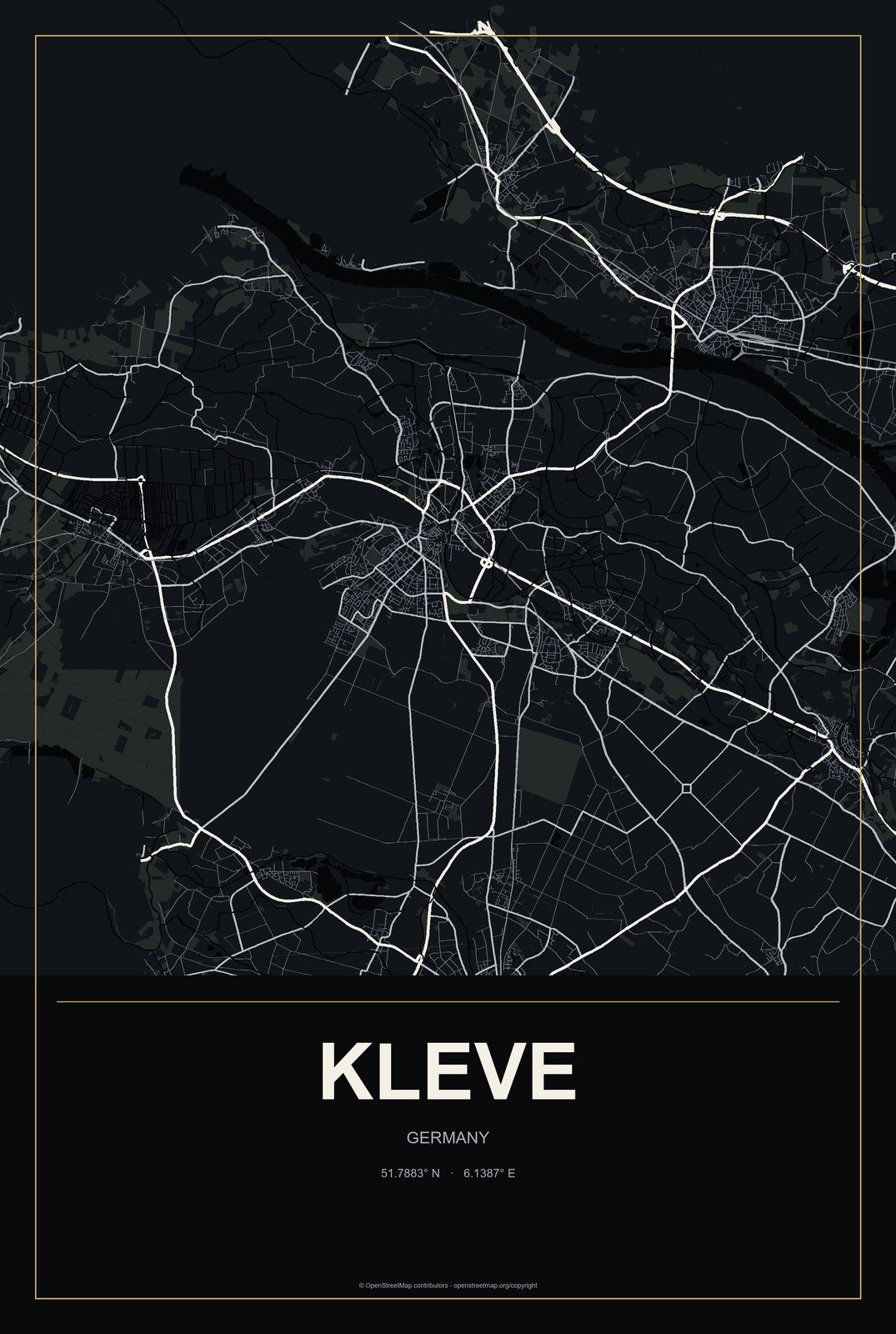 Kleve, Germany City Map Aluminum Sign in Metropolitan Noir style