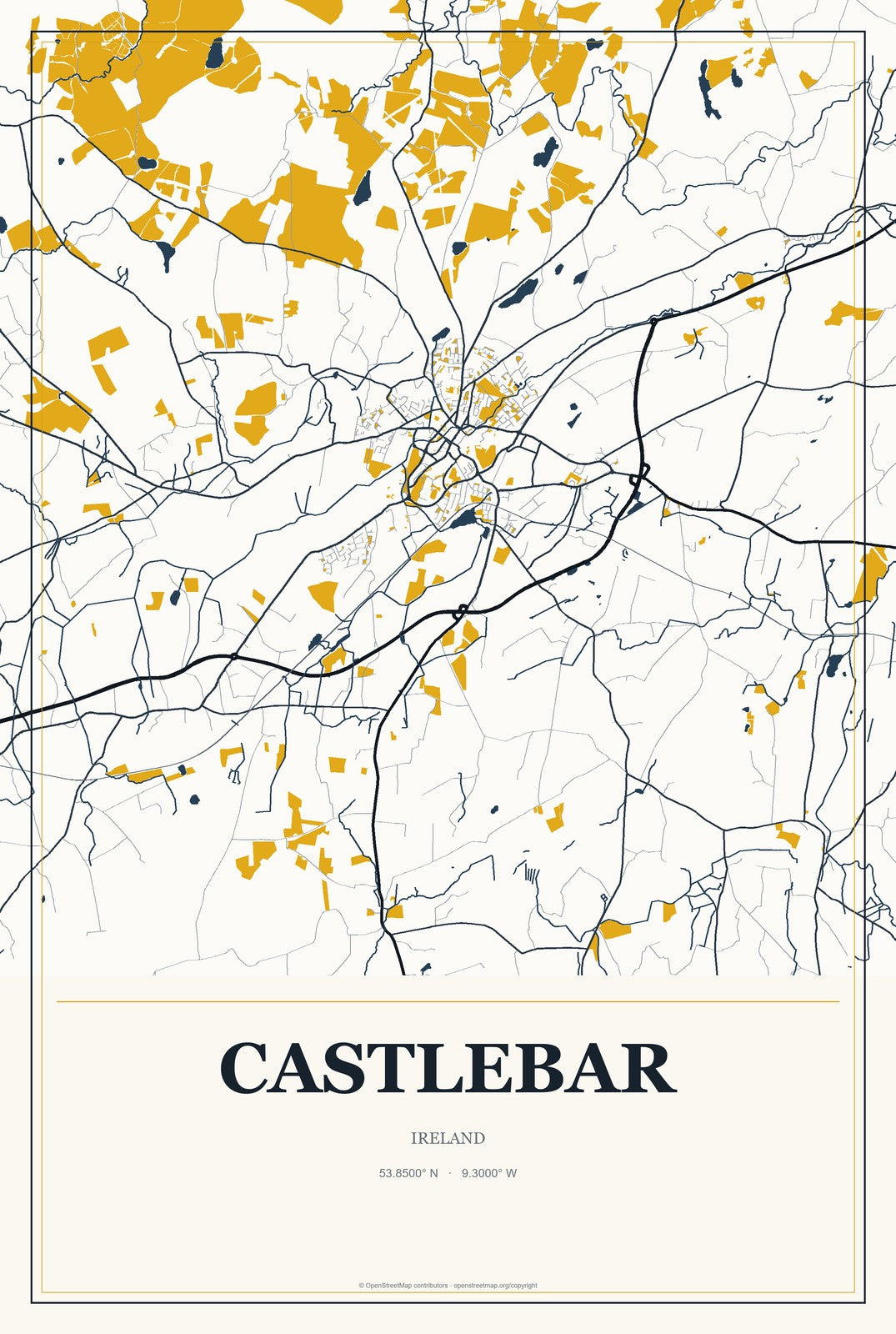 Castlebar, Ireland City Map Aluminum Sign in Citrine Modern style