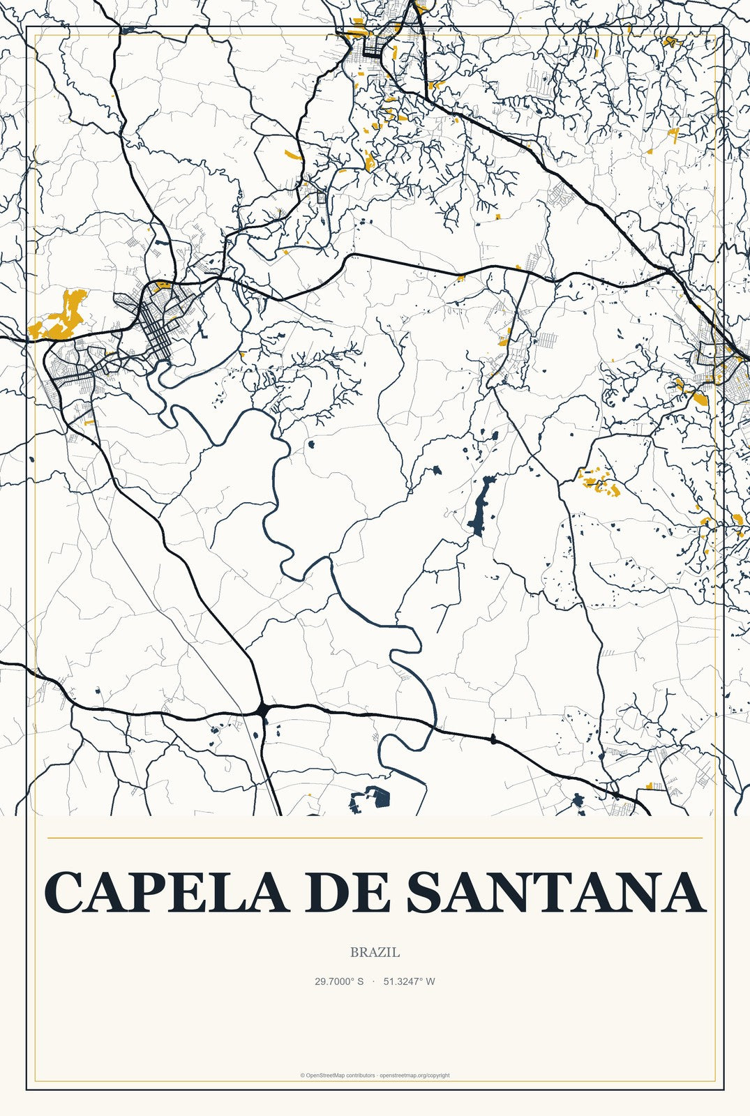 Capela de Santana, Brazil City Map Aluminum Sign in Citrine Modern style