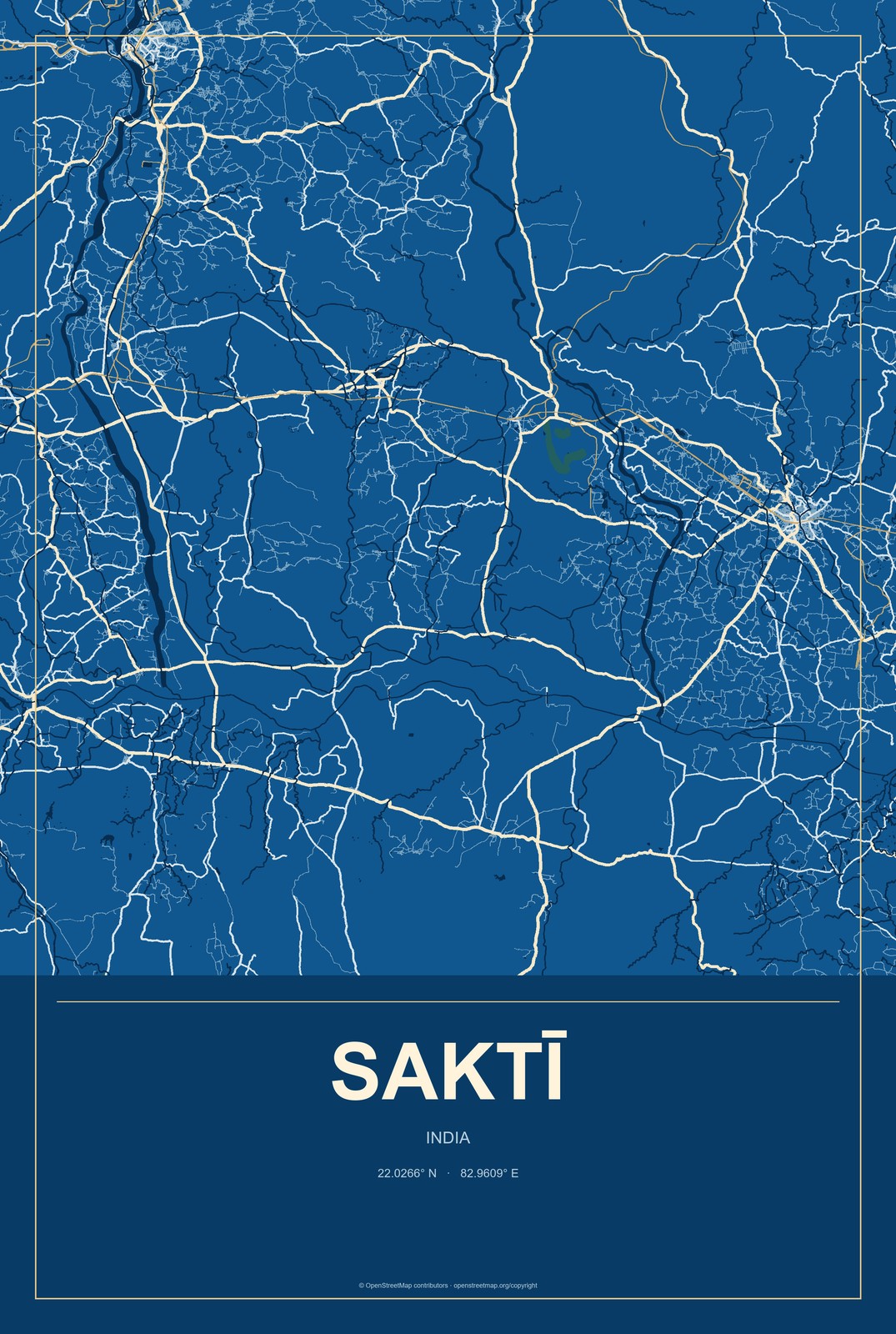 Saktī, India City Map Aluminum Sign in Harbor Cobalt style