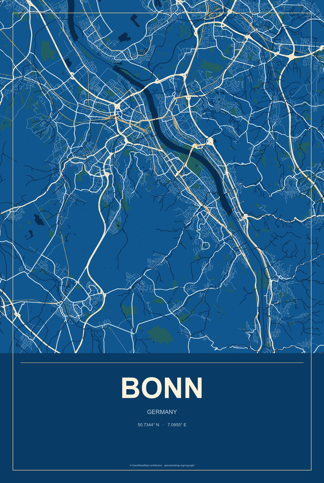 Bonn, Germany City Map Aluminum Sign in Harbor Cobalt style
