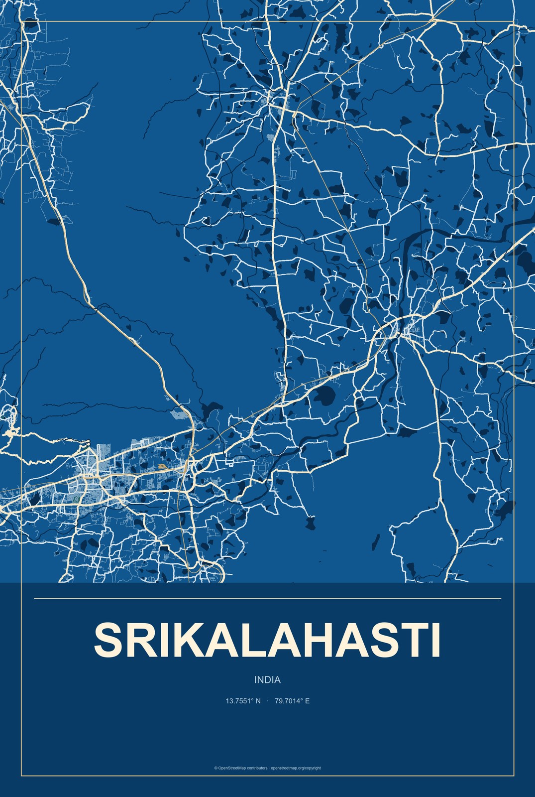Srikalahasti, India City Map Aluminum Sign in Harbor Cobalt style