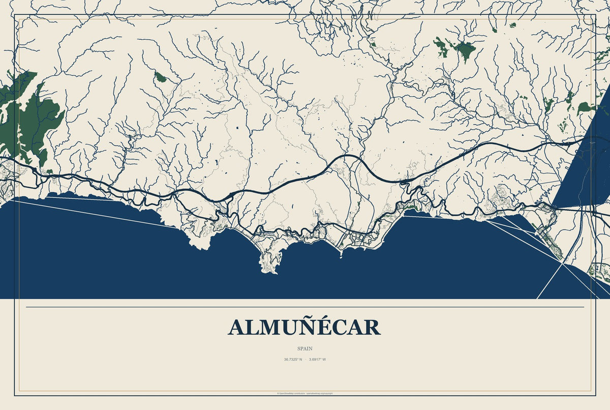 Almuñécar, Spain City Map Aluminum Sign in Coastal Cutout style