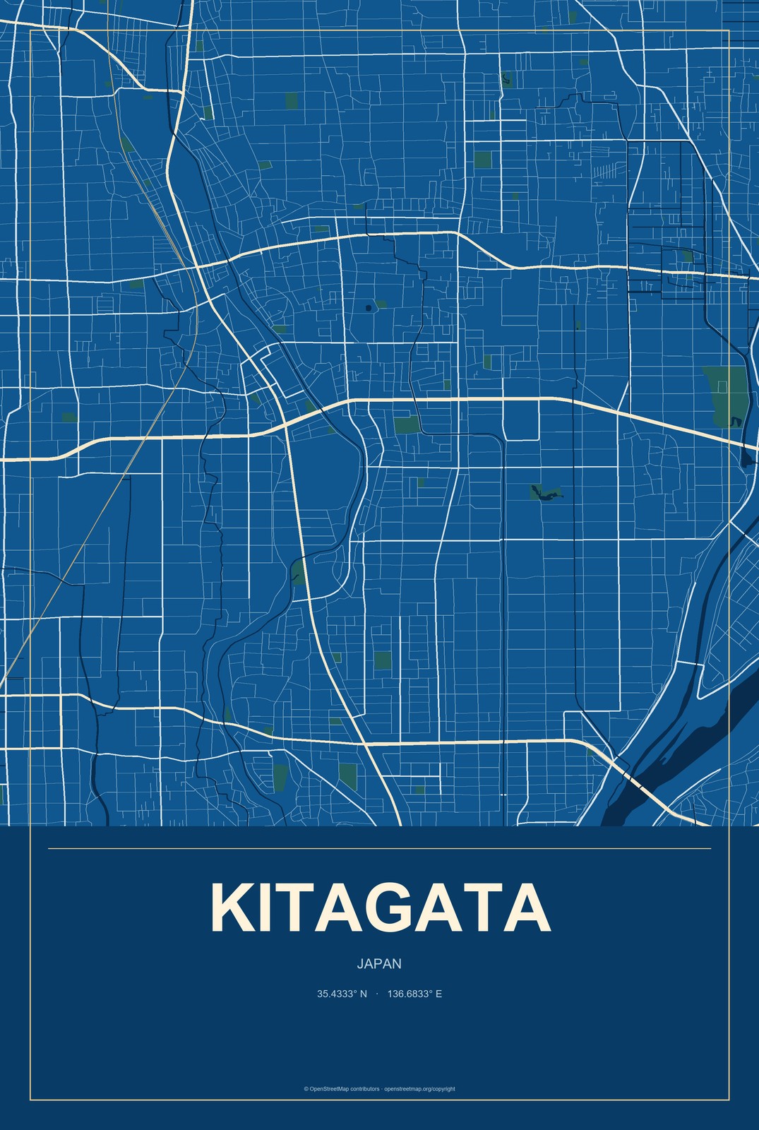 Kitagata, Japan City Map Aluminum Sign in Harbor Cobalt style