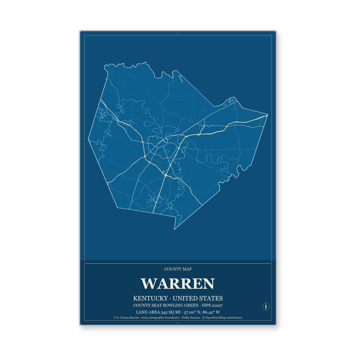 Warren County, Kentucky Map Aluminum Sign in Harbor Cobalt style
