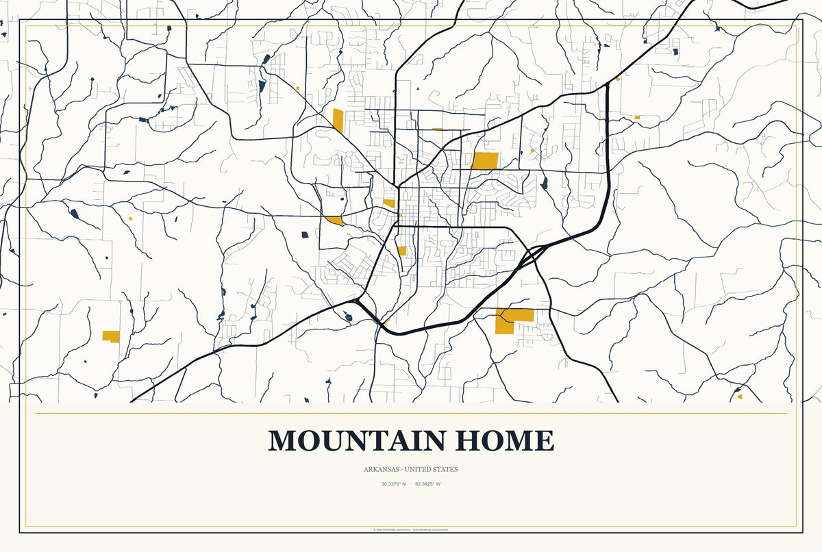 Mountain Home, Arkansas City Map Aluminum Sign in Citrine Modern style