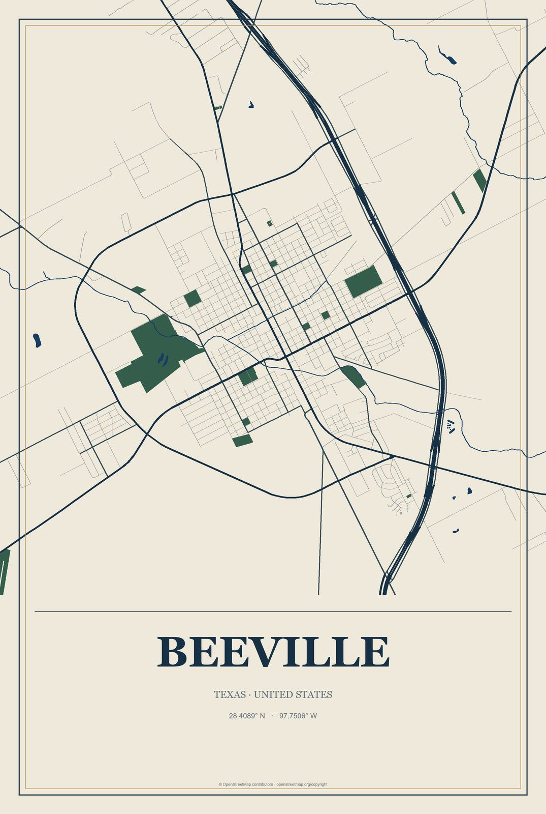 Beeville, Texas City Map Aluminum Sign in Coastal Cutout style
