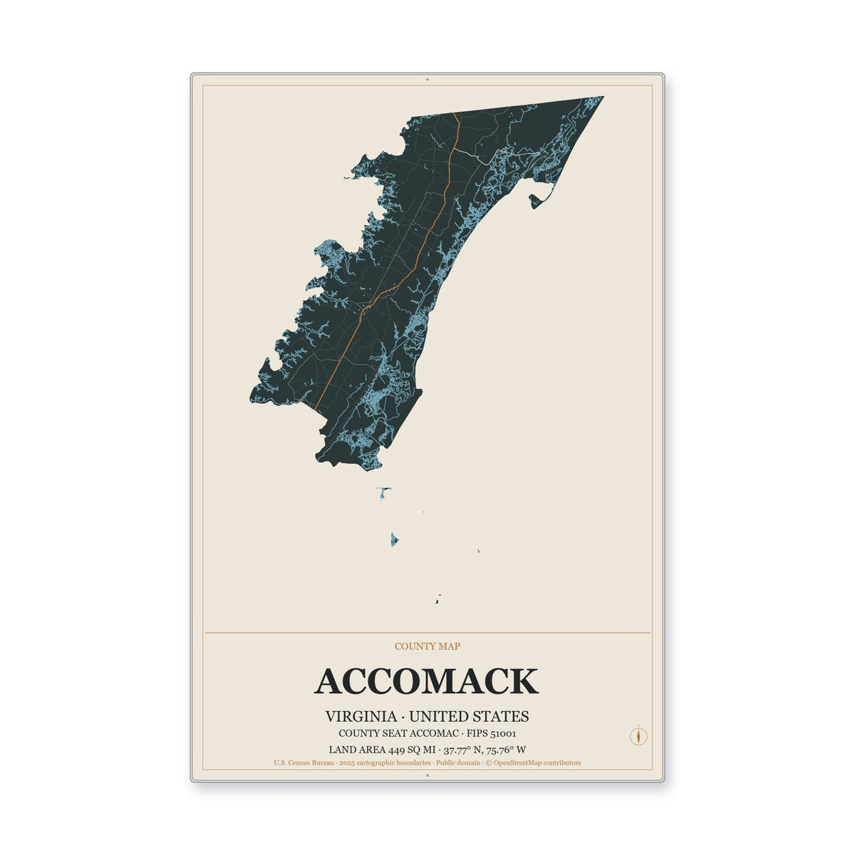 Accomack County, Virginia Map Aluminum Sign in Headline Atlas style