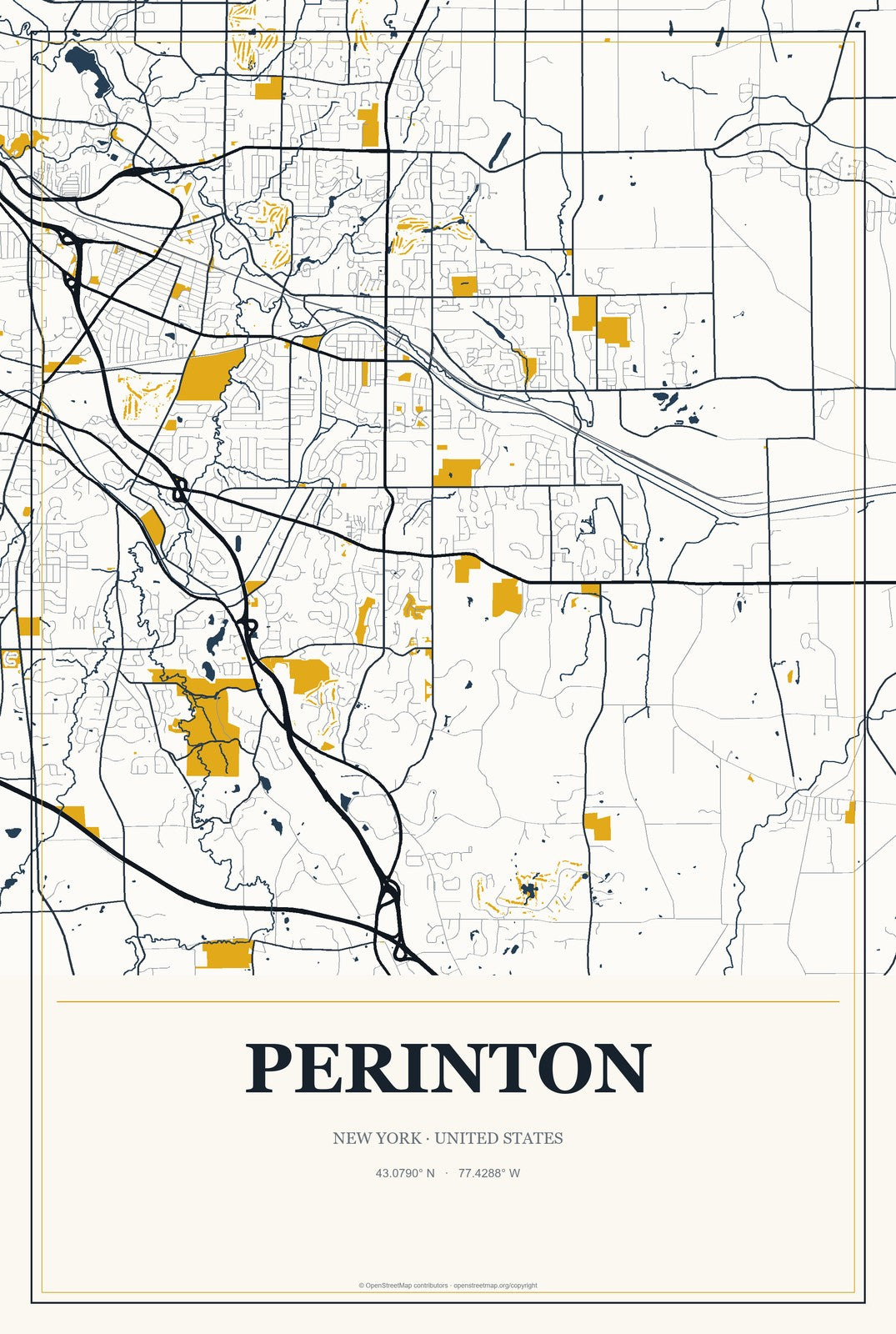 Perinton, New York City Map Aluminum Sign in Citrine Modern style