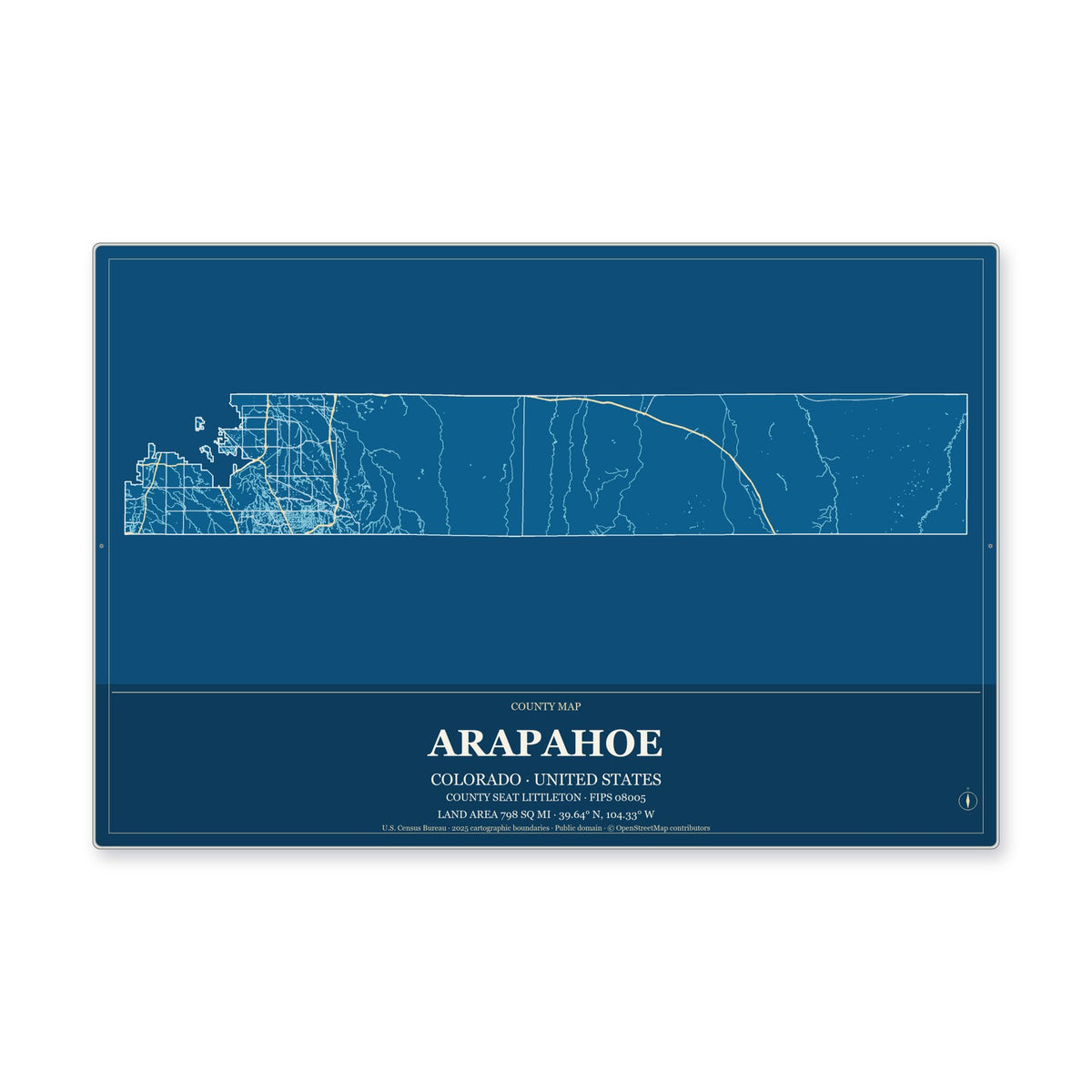 Arapahoe County, Colorado Map Aluminum Sign in Harbor Cobalt style