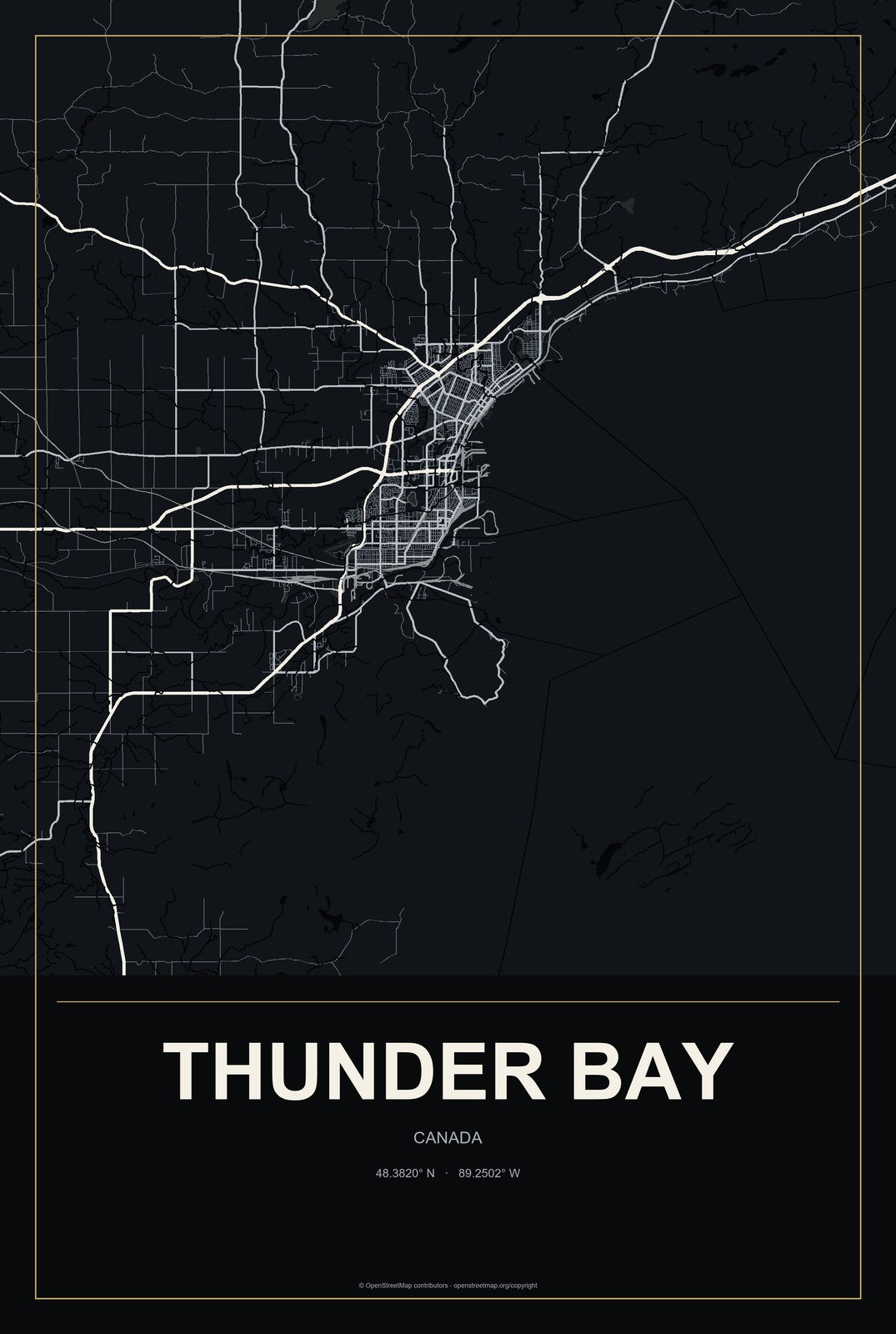Thunder Bay, Canada City Map Aluminum Sign in Metropolitan Noir style