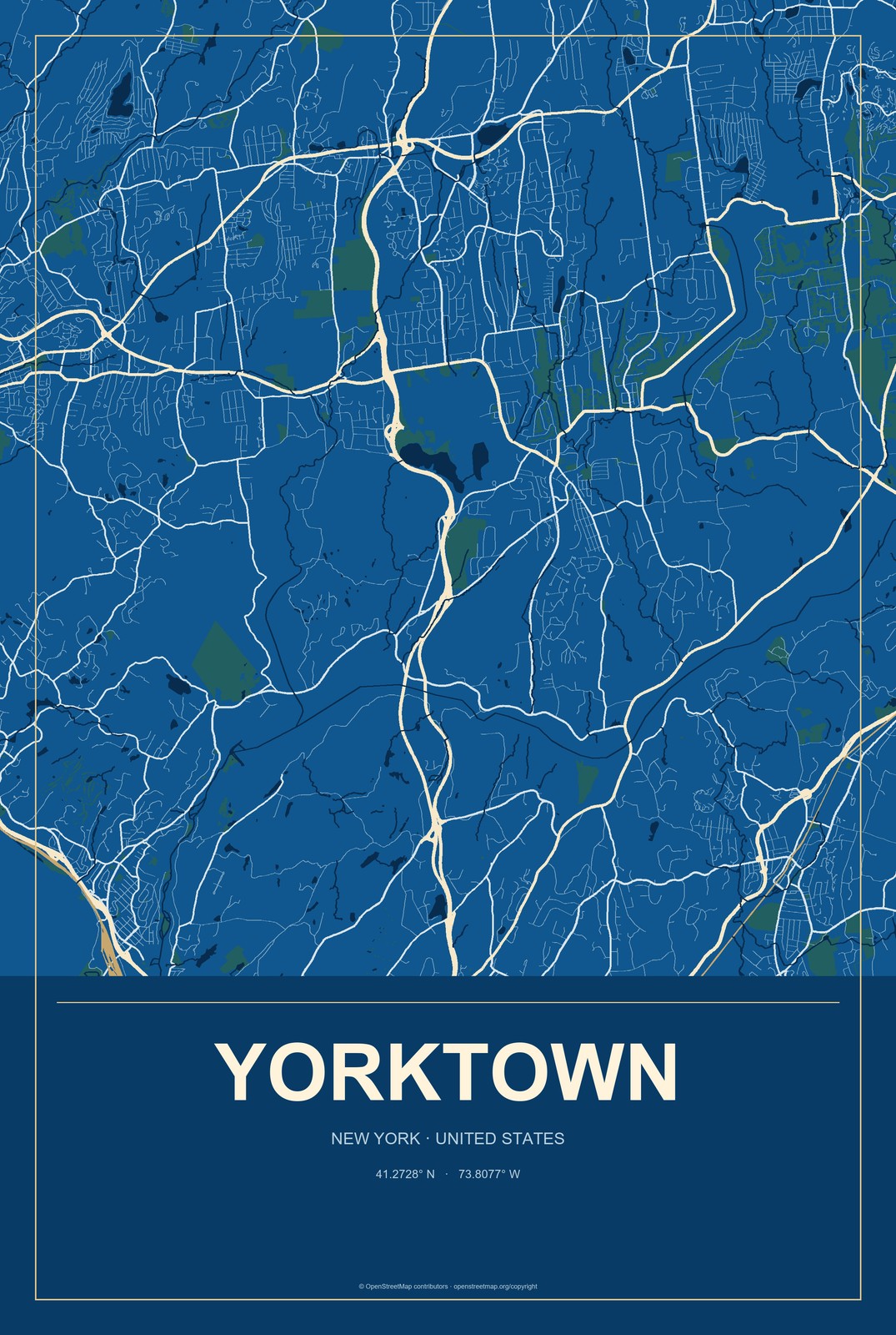 Yorktown, New York City Map Aluminum Sign in Harbor Cobalt style