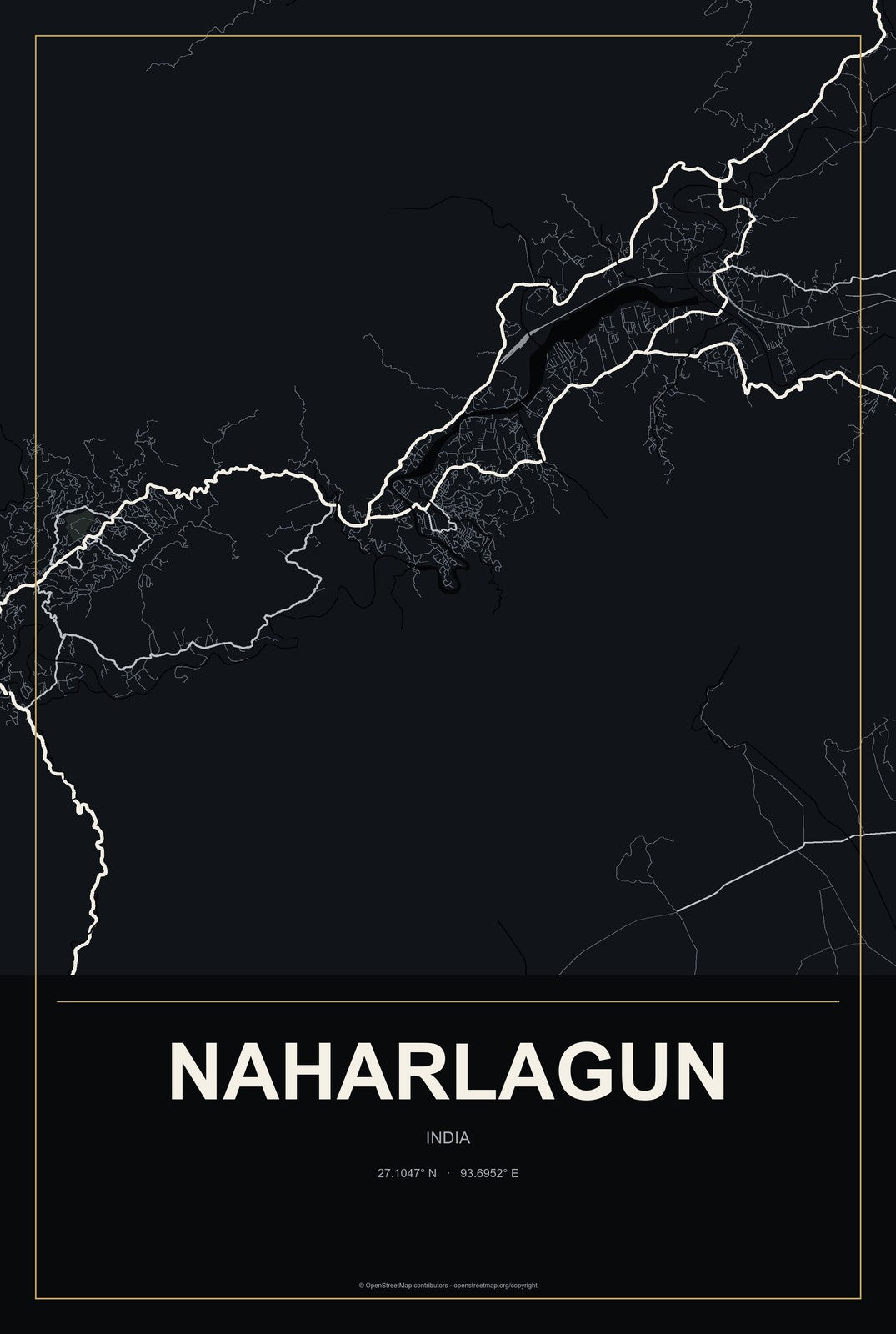 Naharlagun, India City Map Aluminum Sign in Metropolitan Noir style