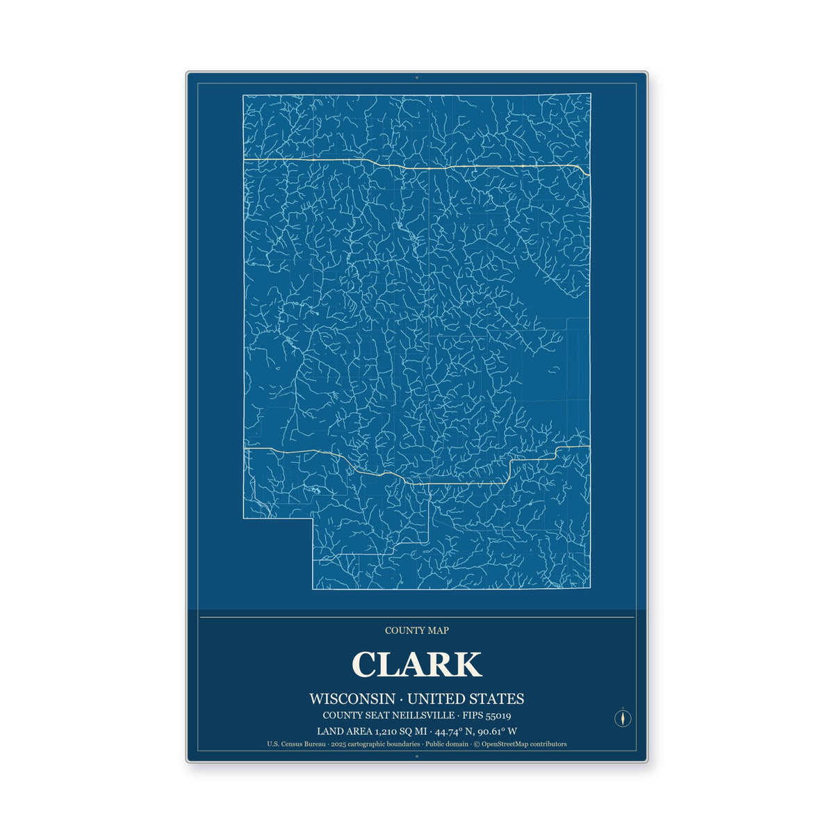 Clark County, Wisconsin Map Aluminum Sign in Harbor Cobalt style