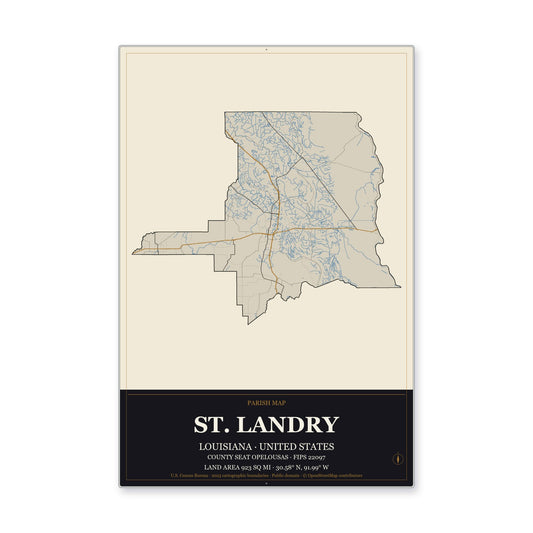 St. Landry Parish, Louisiana Map Aluminum Sign in Museum Plaque style