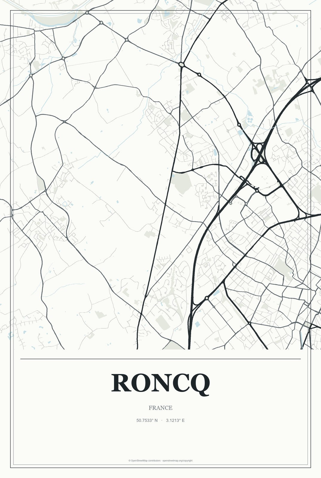 Roncq, France City Map Aluminum Sign in Gallery Air style