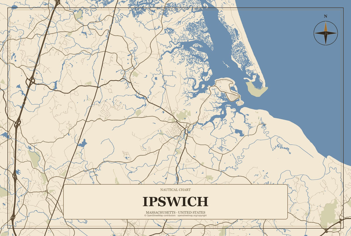 Ipswich, Massachusetts City Map Aluminum Sign in Heritage Nautical style