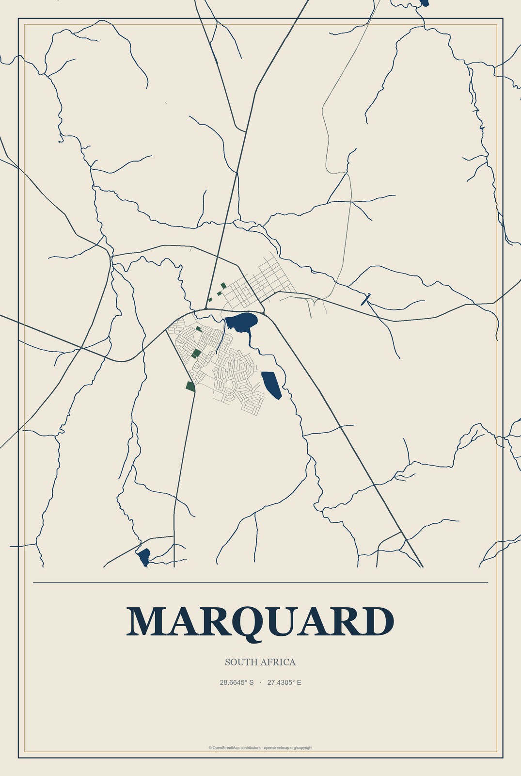 Marquard, South Africa City Map Aluminum Sign in Coastal Cutout style