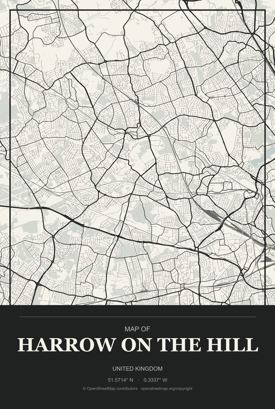 Harrow on the Hill, United Kingdom City Map Aluminum Sign in Museum Plaque style