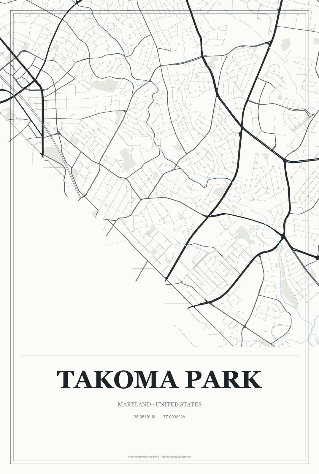 Takoma Park, Maryland City Map Aluminum Sign in Gallery Air style