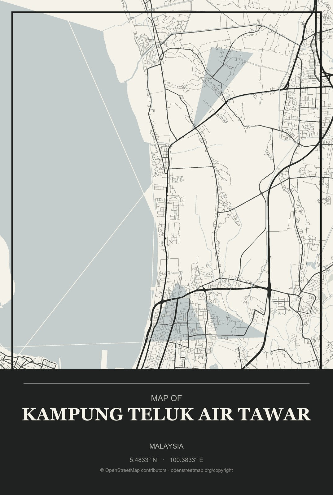 Kampung Teluk Air Tawar, Malaysia City Map Aluminum Sign in Museum Plaque style