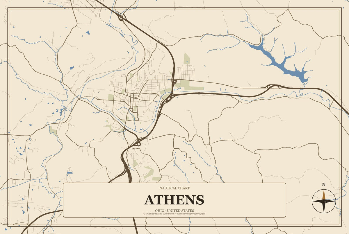 Athens, Ohio City Map Aluminum Sign in Heritage Nautical style